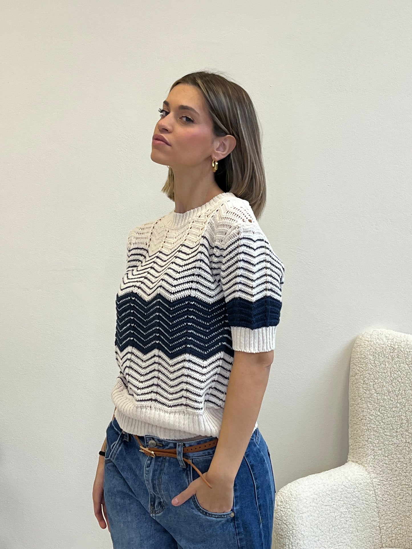 ONDA PULLOVER IN FILO PANNA E BLU