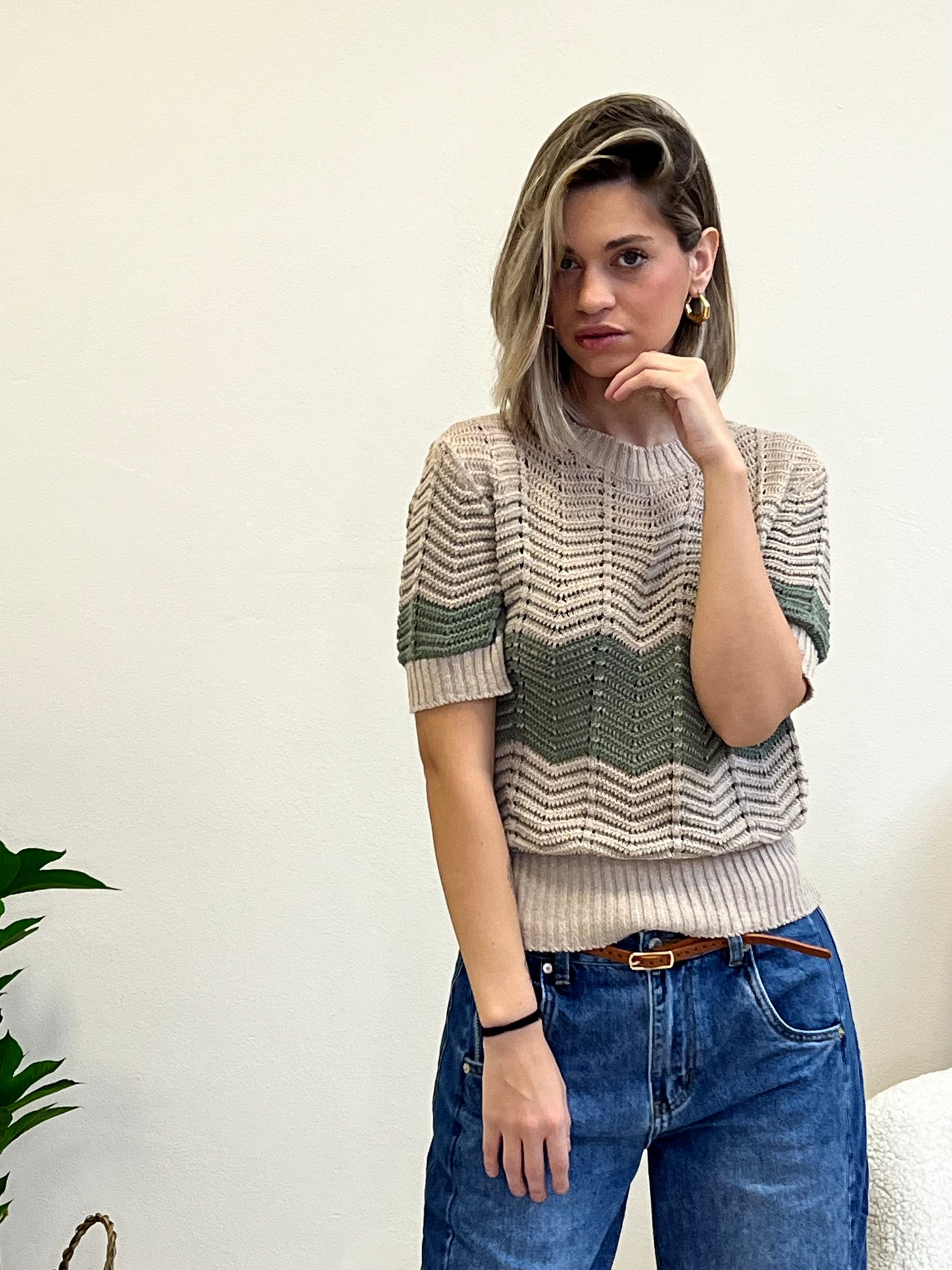 ONDA PULLOVER IN FILO MILITARE E BEIGE