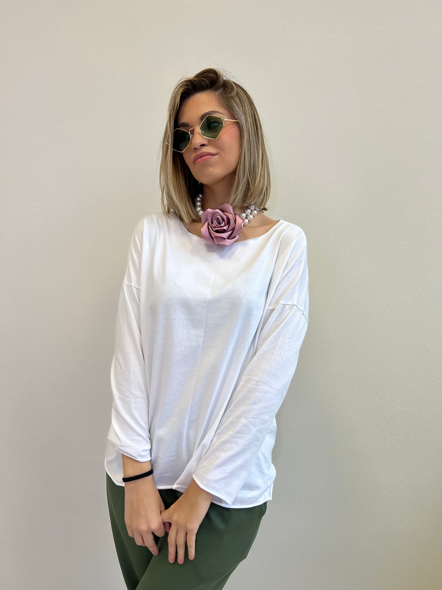 COLLANA 2 FILI PERLE CON ROSA SATIN MALVA