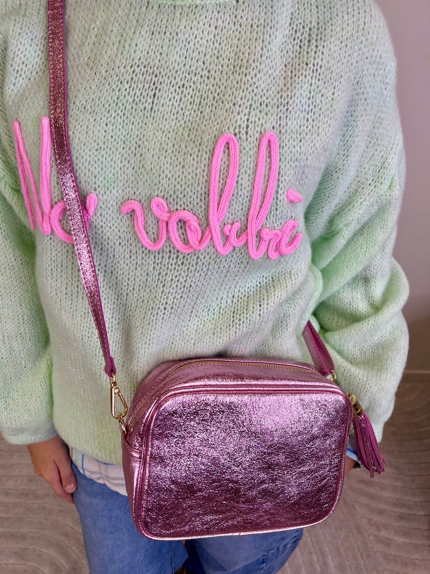 MAGLIONE NO VABBÈ VERDE ACQUA SCRITTA PINK