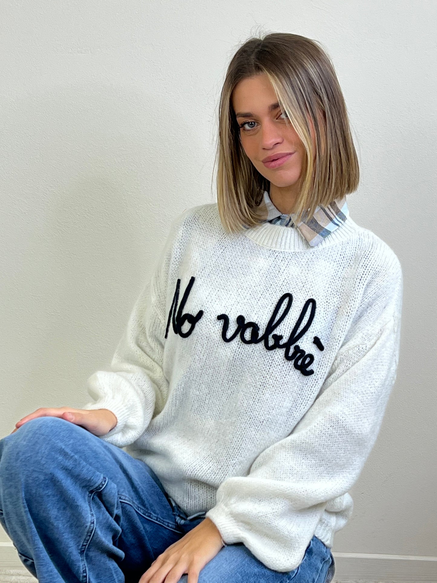 MAGLIONE NO VABBÈ panna scritta blu