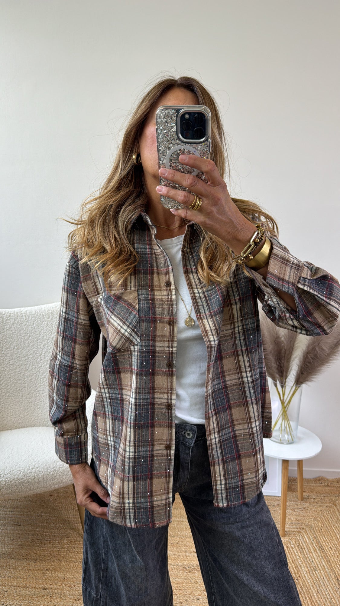 CAMICIA FLANELLA BEIGE CON CRISTALLI