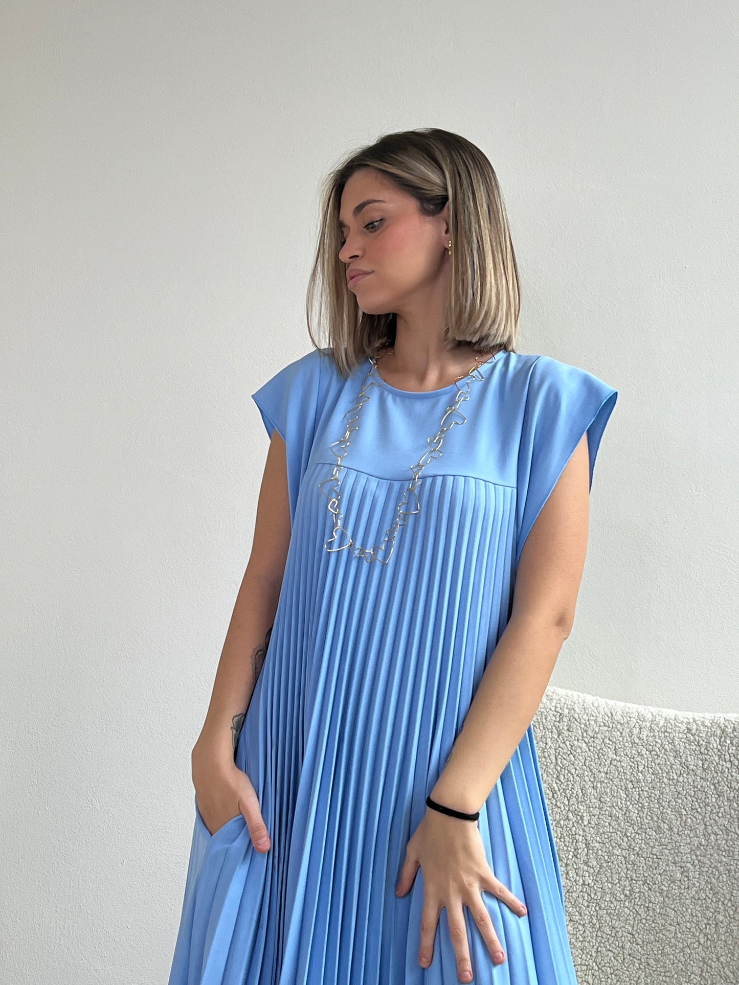 EMMA LONG DRESS PLISSÈ AZZURRO