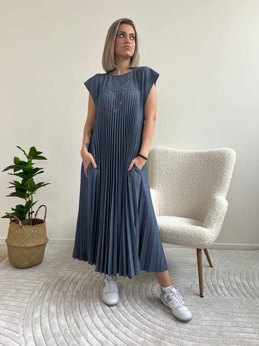 EMMA LONG DRESS PLISSÈ DENIM