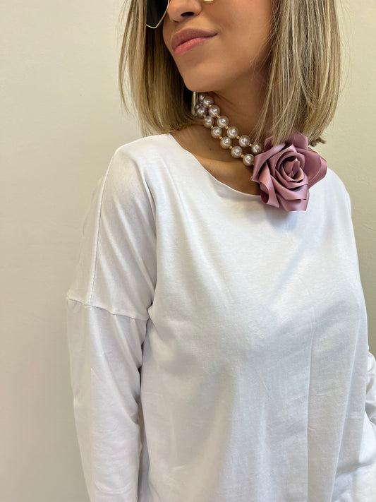 COLLANA 2 FILI PERLE CON ROSA SATIN MALVA