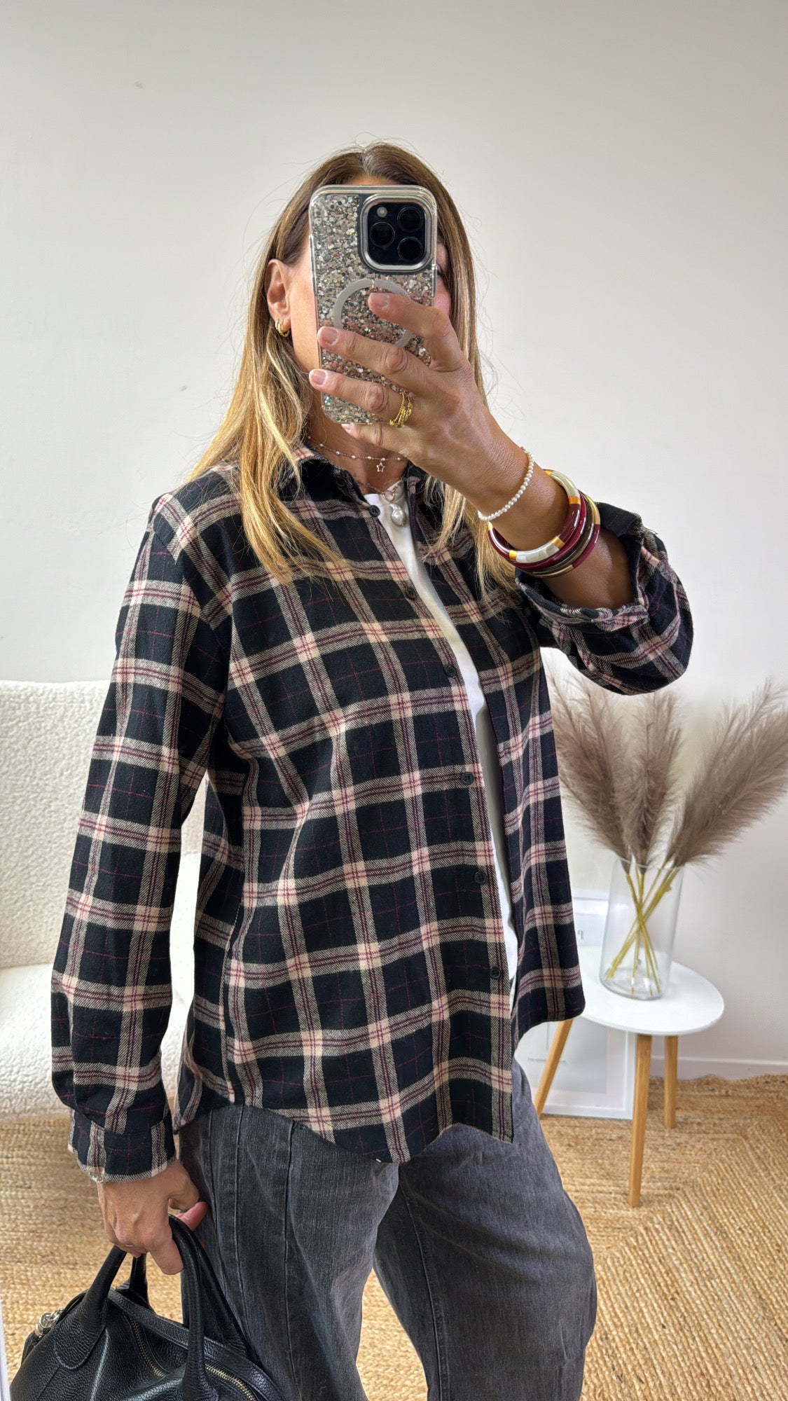 CAMICIA FLANELLA  CHECK ￼nero camel e bordeaux