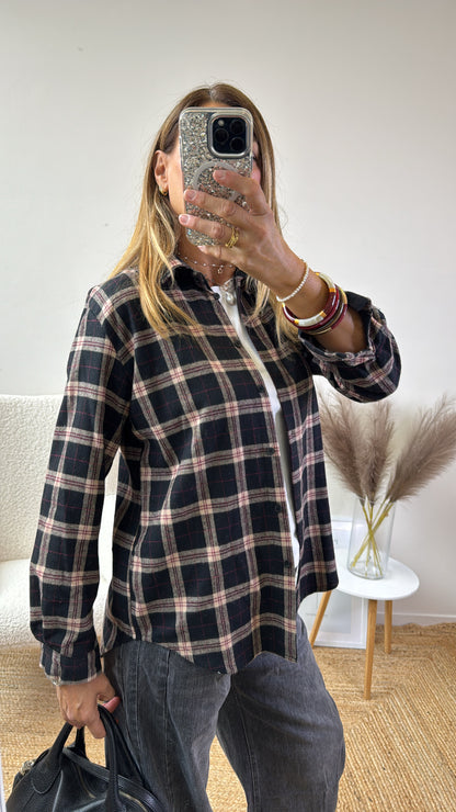 CAMICIA FLANELLA  CHECK ￼nero camel e bordeaux