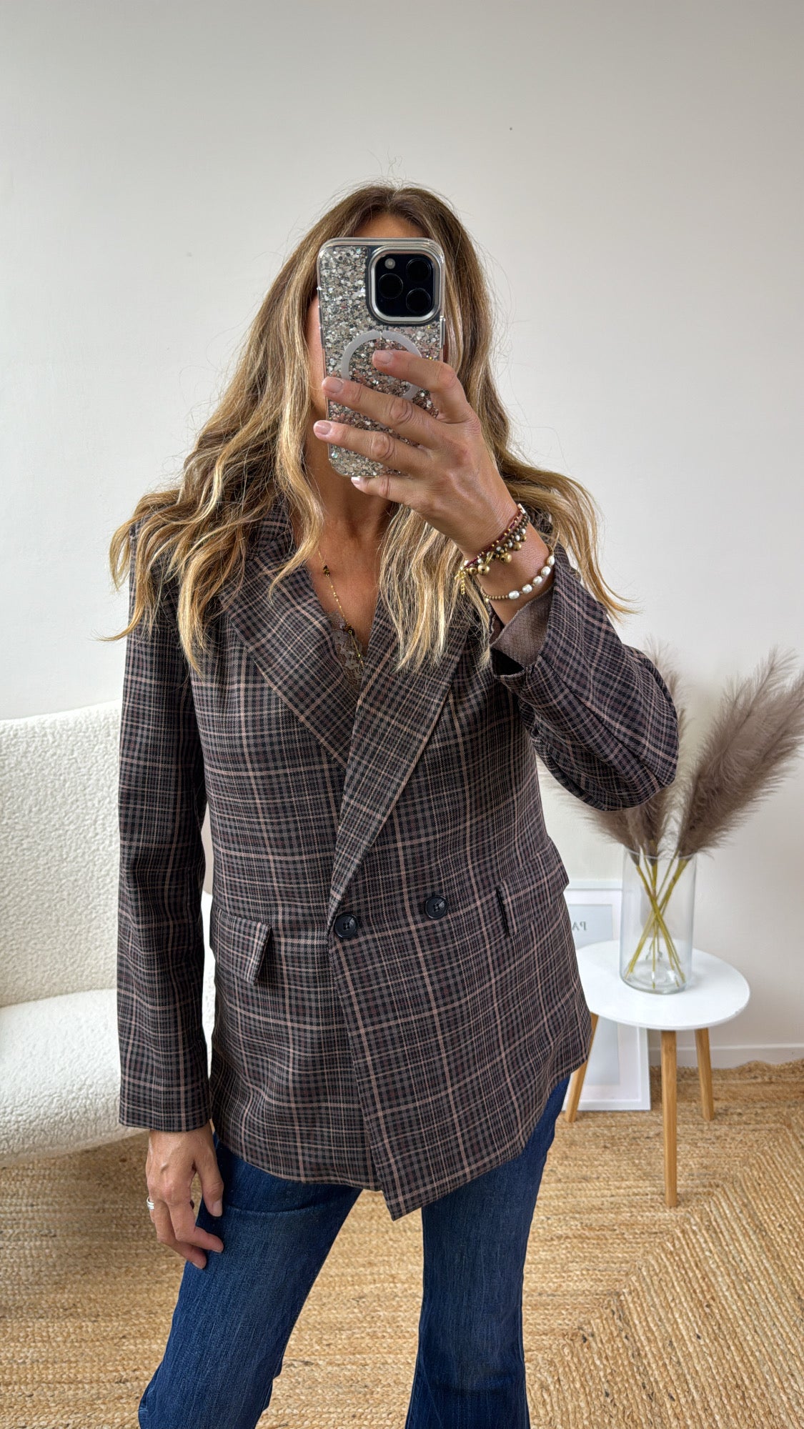 BLAZER EDDY PRINCIPE DI GALLES BEIGE COCCIO GRIGIO E NERO