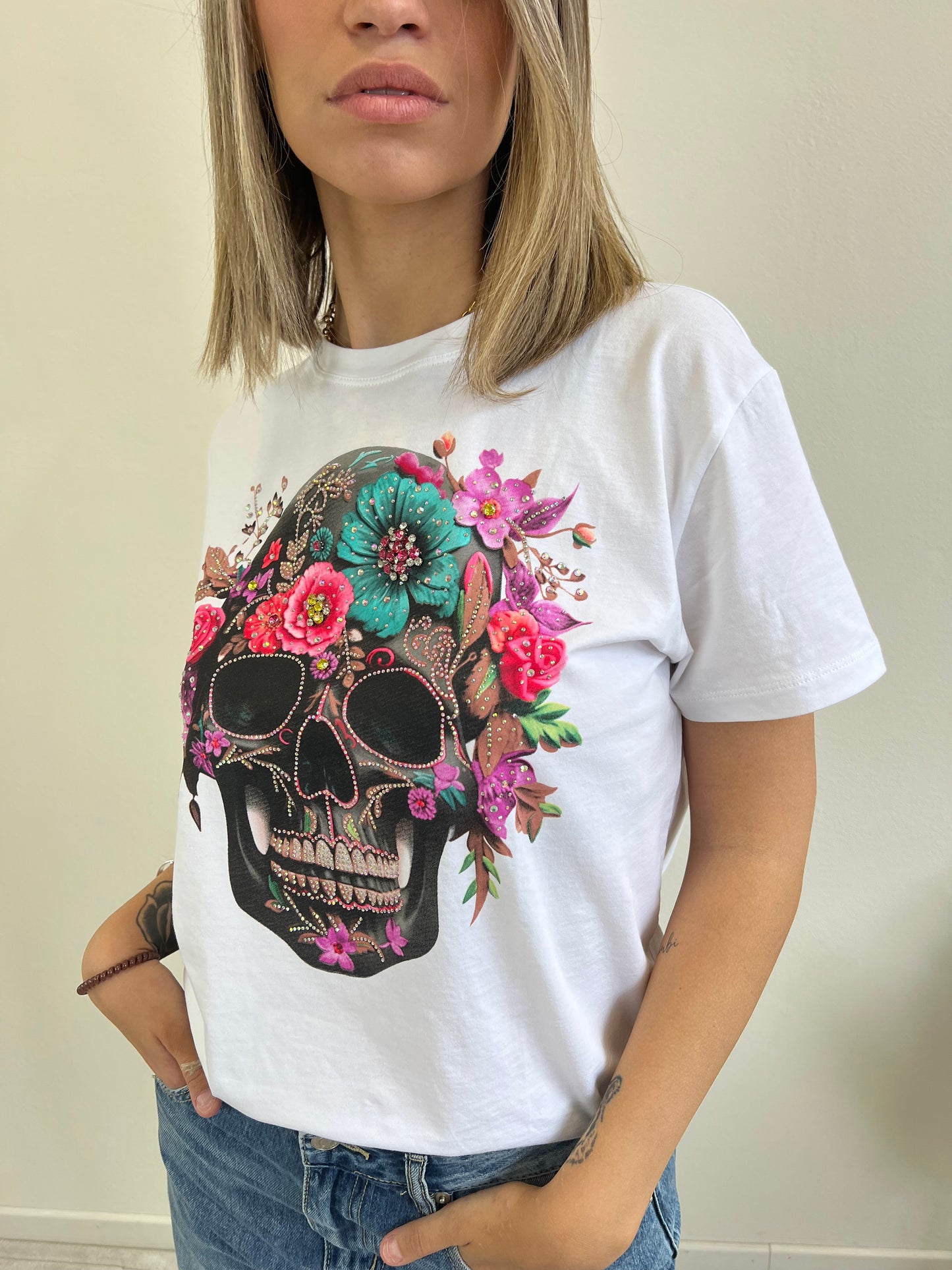 T.SHIRT STAMPA TESCHIO FUCSIA