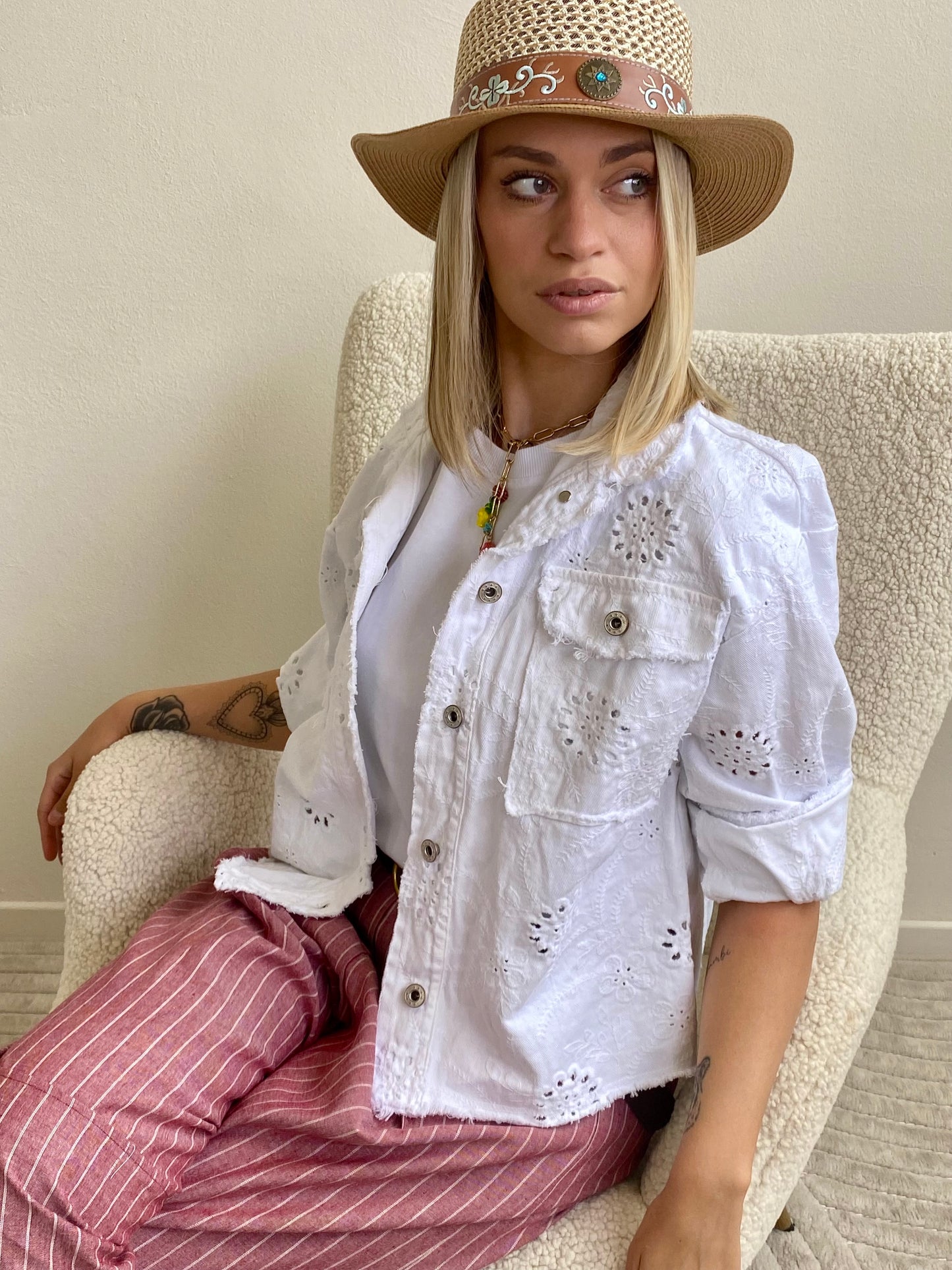 GIUBBINO DENIM RICAMO SANGALLO BIANCO