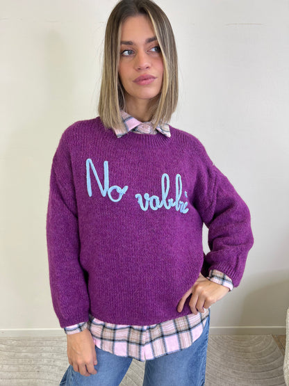 MAGLIONE NO VABBÈ VIOLA CON SCRITTA AZZURRA