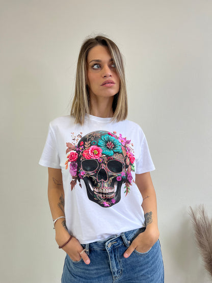 T.SHIRT STAMPA TESCHIO FUCSIA