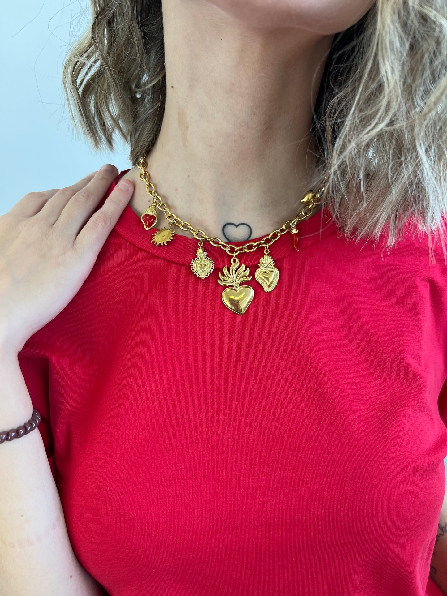 COLLANA CHARMS PORTAFORTUNA E CUORE SACRO