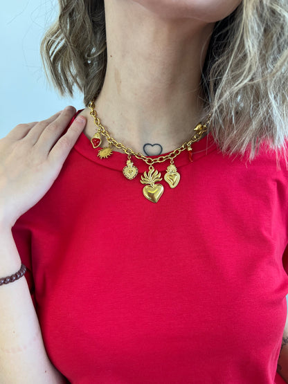 COLLANA CHARMS PORTAFORTUNA E CUORE SACRO