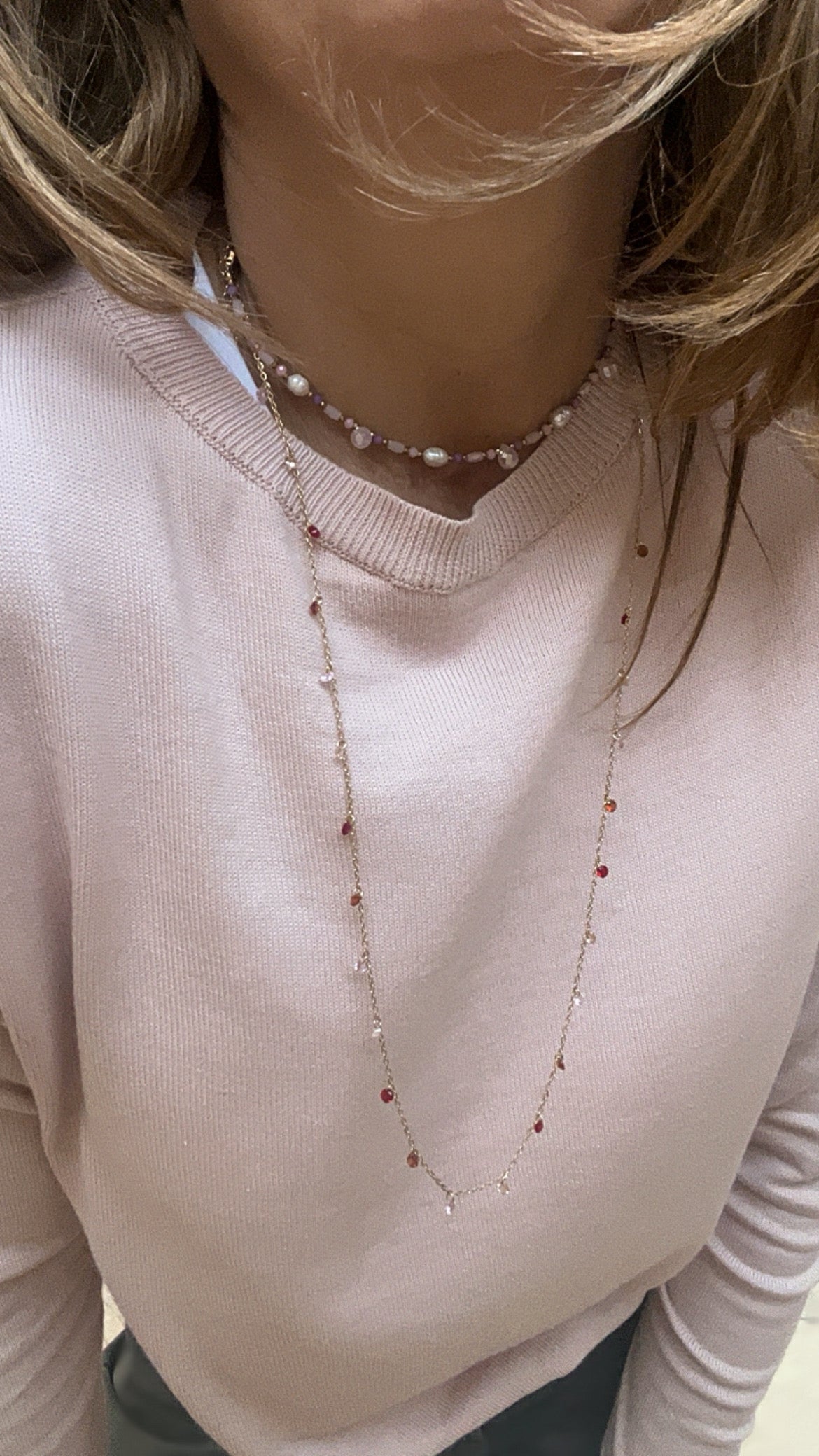 COLLANA FINE CON PIETRINE ROSA/ROSSO