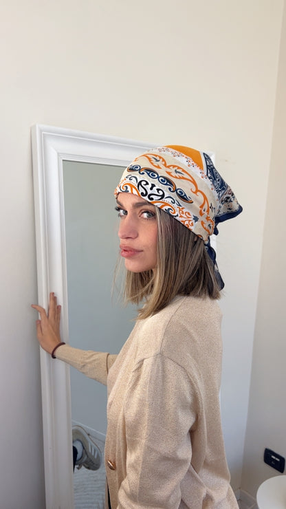 FOULARD STAMPA CACHEMIRE BLU BIANCO & ARANCIO