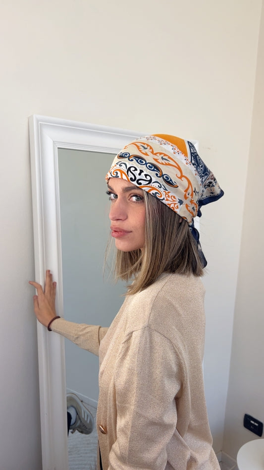 FOULARD STAMPA CACHEMIRE BLU BIANCO & ARANCIO