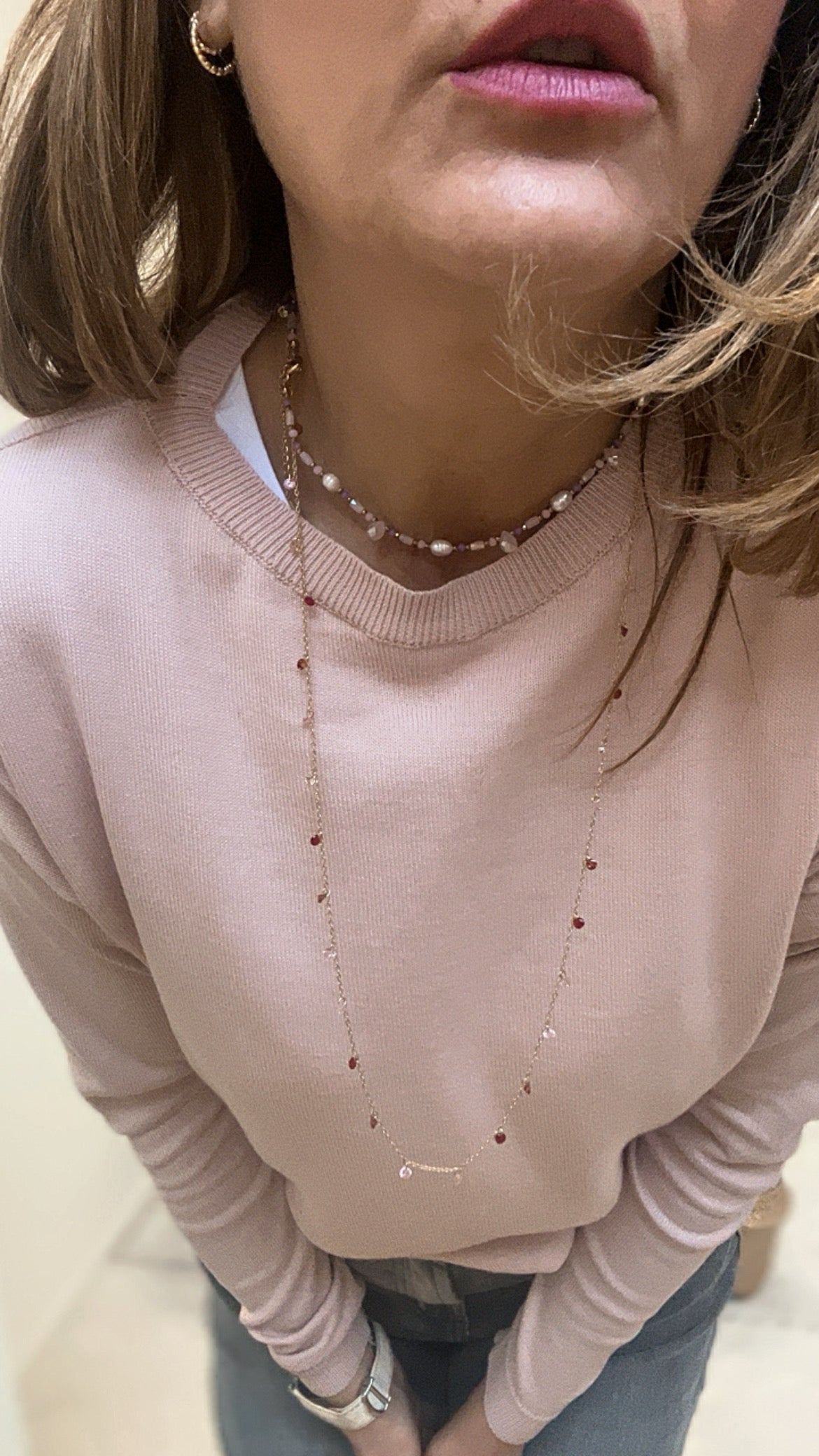 COLLANA FINE CON PIETRINE ROSA/ROSSO