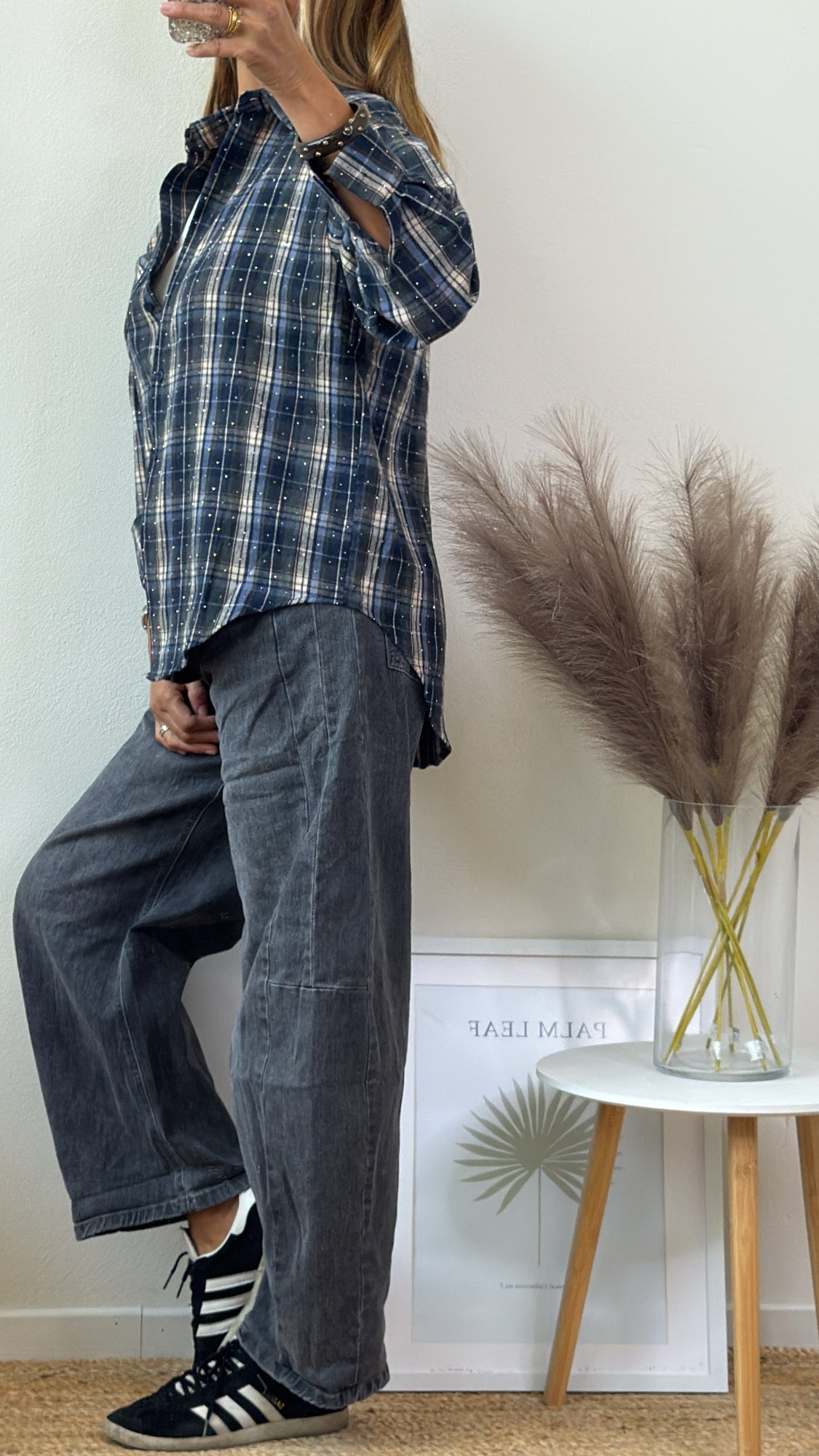 CAMICIA FLANELLA BLU CON CRISTALLI