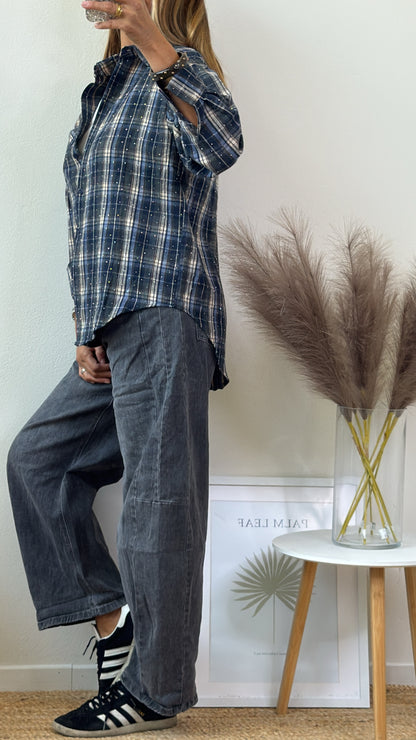 CAMICIA FLANELLA BLU CON CRISTALLI
