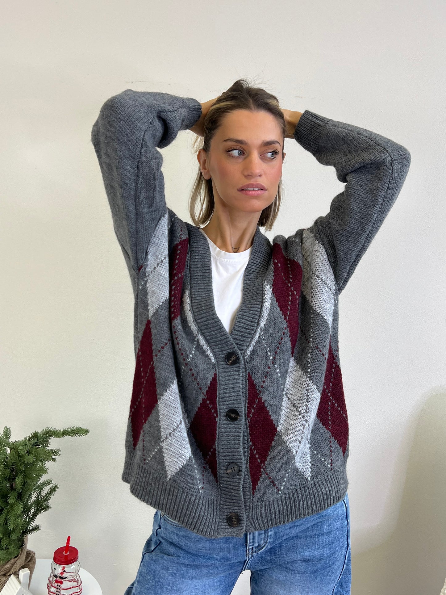 ELENA CARDIGAN ROMBI BORDEAUX GRIGIO