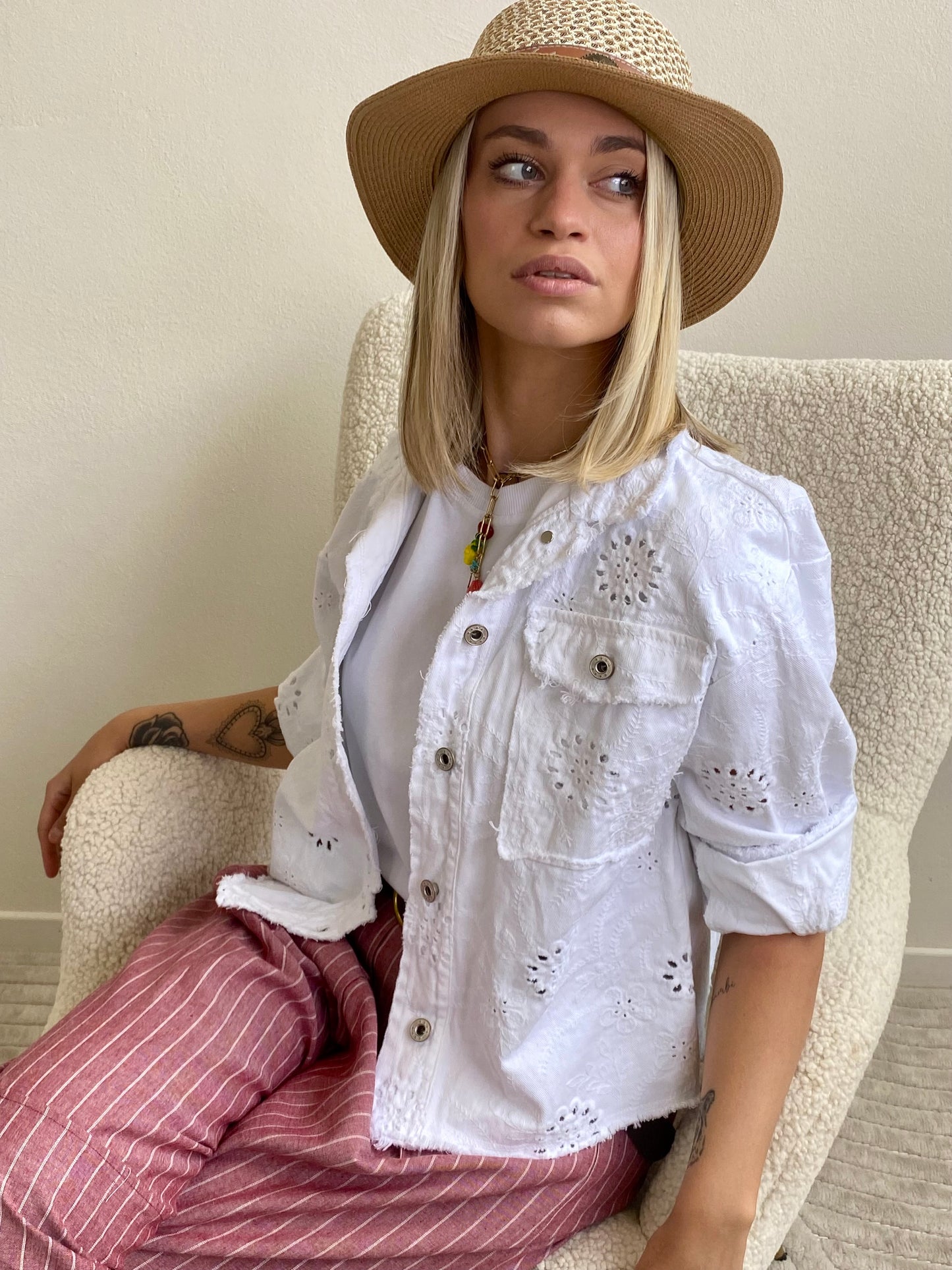 GIUBBINO DENIM RICAMO SANGALLO BIANCO