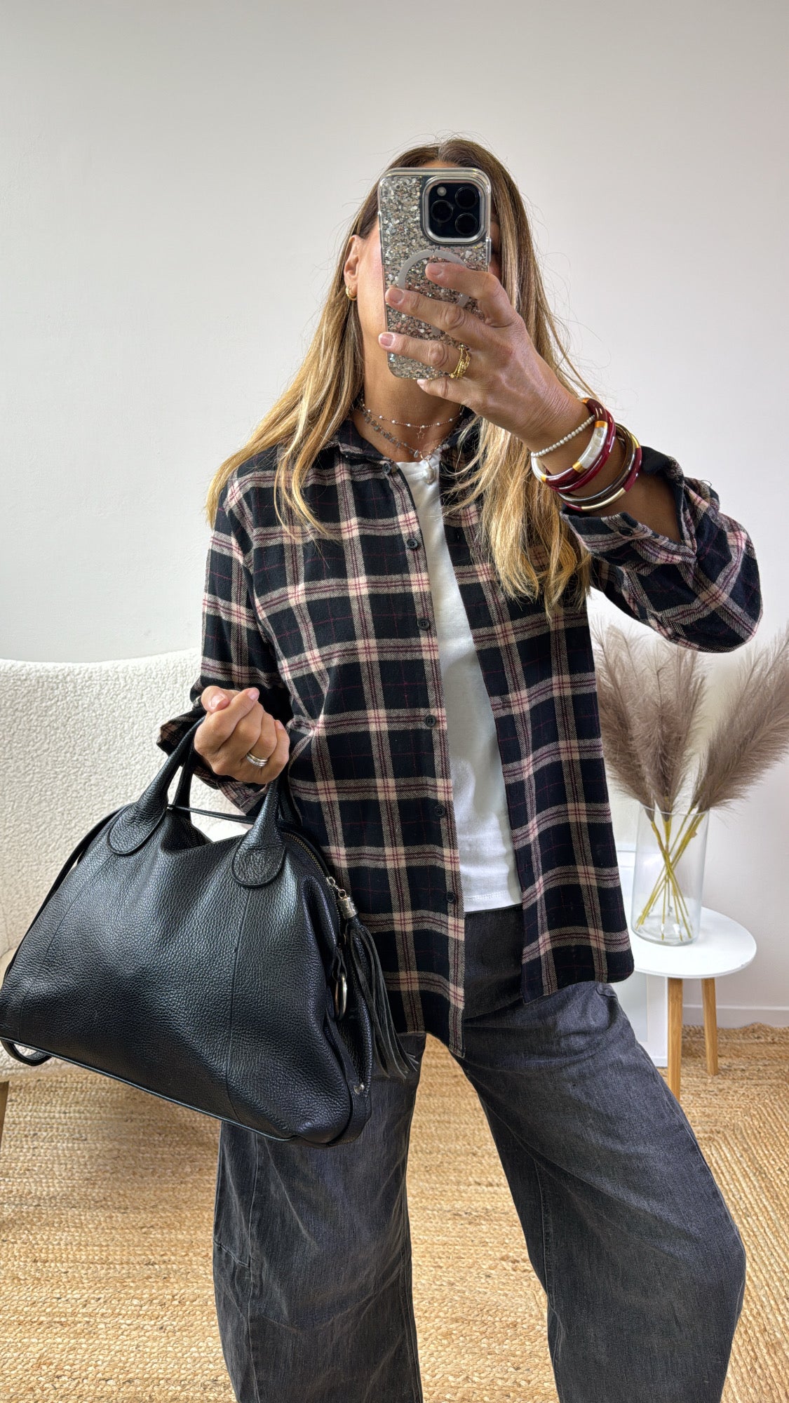 CAMICIA FLANELLA  CHECK ￼nero camel e bordeaux