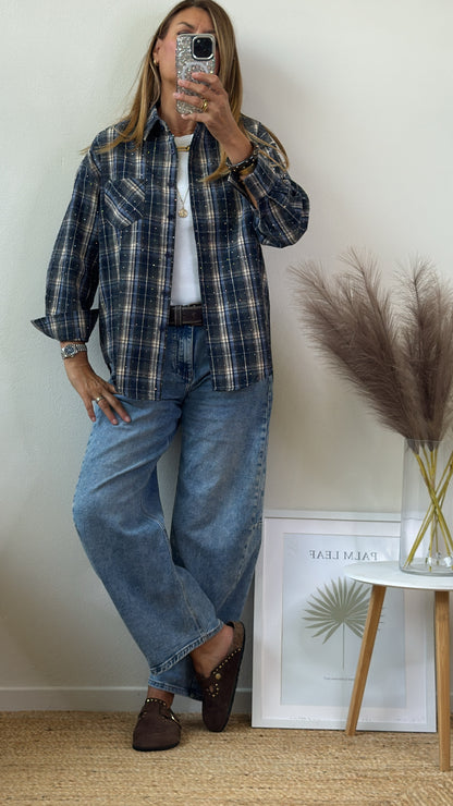 CAMICIA FLANELLA BLU CON CRISTALLI