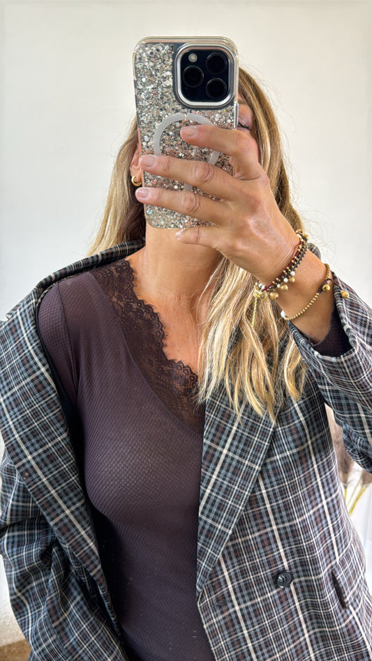 T.SHIRT SCOLLO CON PIZZO CIOCCOLATO