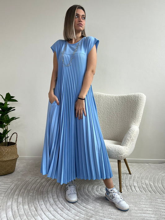 EMMA LONG DRESS PLISSÈ AZZURRO