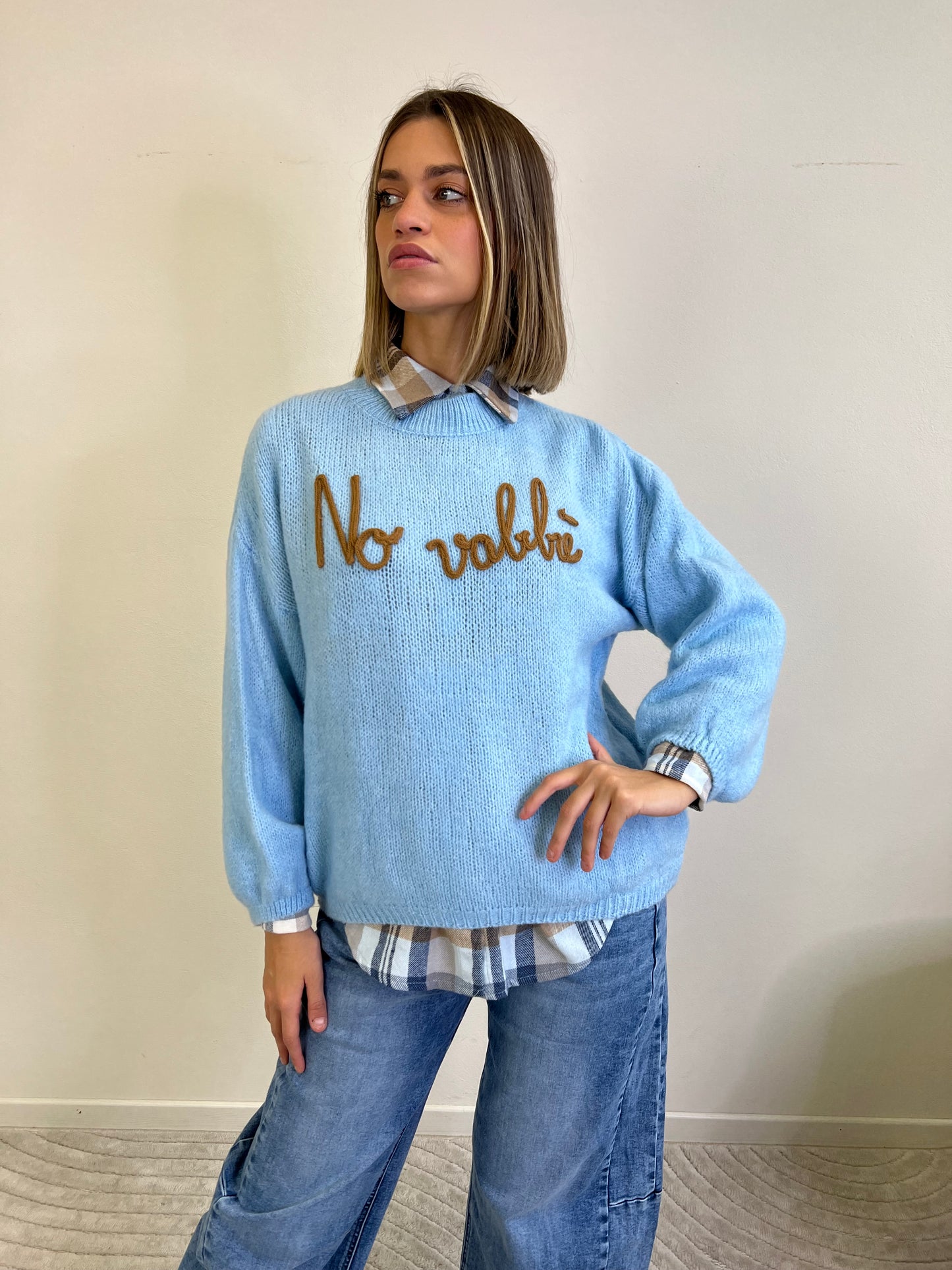 MAGLIONE NO VABBÈ AZZURRO CON SCRITTA CAMEL