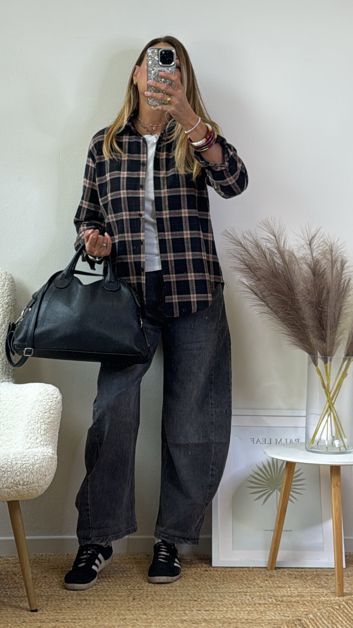 CAMICIA FLANELLA  CHECK ￼nero camel e bordeaux