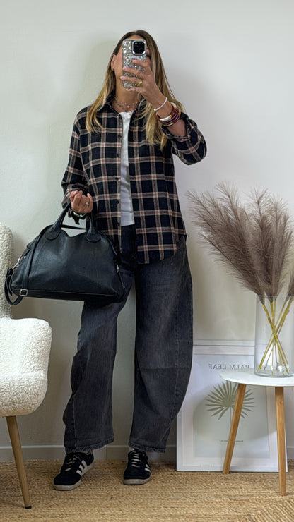 CAMICIA FLANELLA  CHECK ￼nero camel e bordeaux