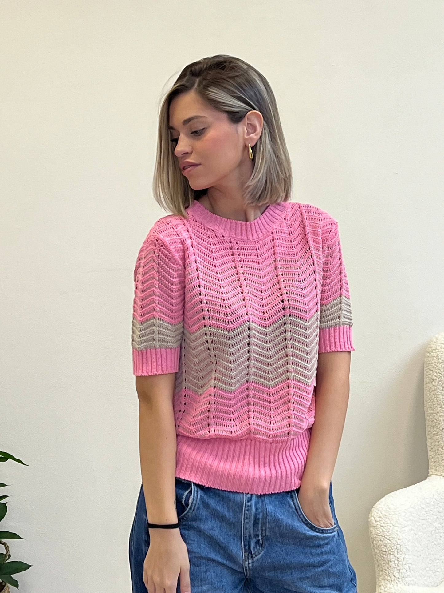 ONDA PULLOVER IN FILO ROSA /BEIGE