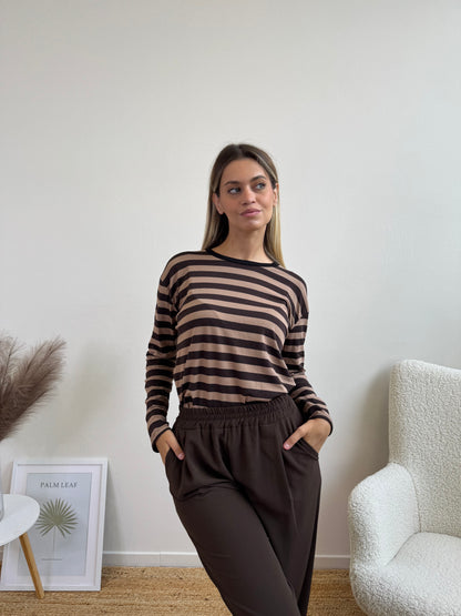 T.SHIRT LIA RIGA CAMEL E CIOCCOLATO