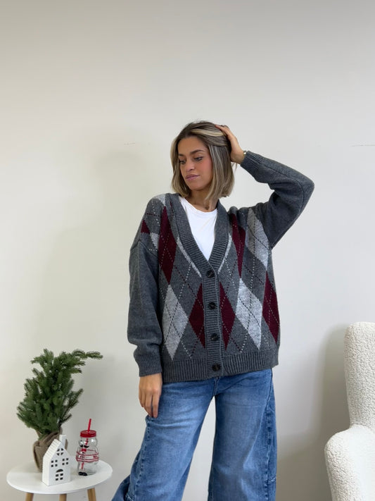 ELENA CARDIGAN ROMBI BORDEAUX GRIGIO