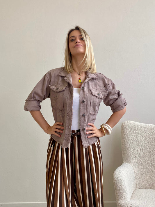 GIUBBINO DENIM RICAMO SANGALLO NOCCIOLA