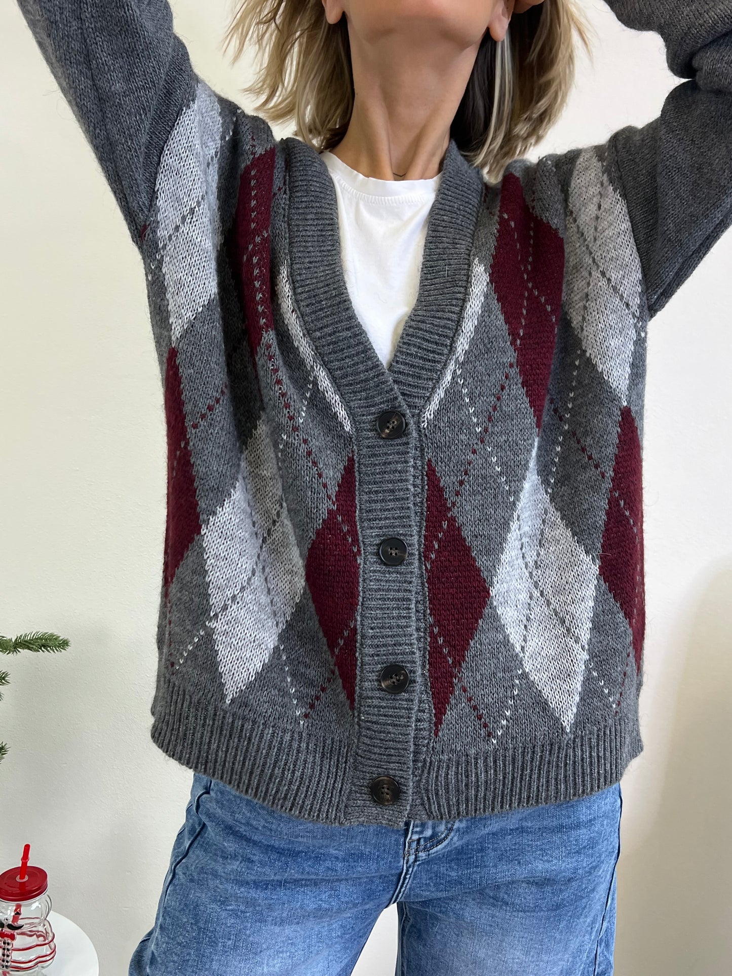 ELENA CARDIGAN ROMBI BORDEAUX GRIGIO