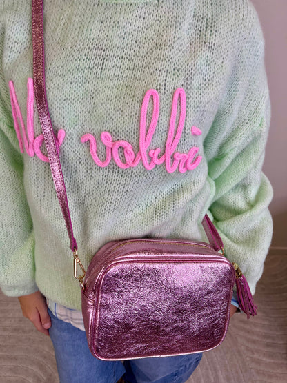 MAGLIONE NO VABBÈ VERDE ACQUA SCRITTA PINK