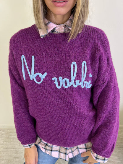 MAGLIONE NO VABBÈ VIOLA CON SCRITTA AZZURRA