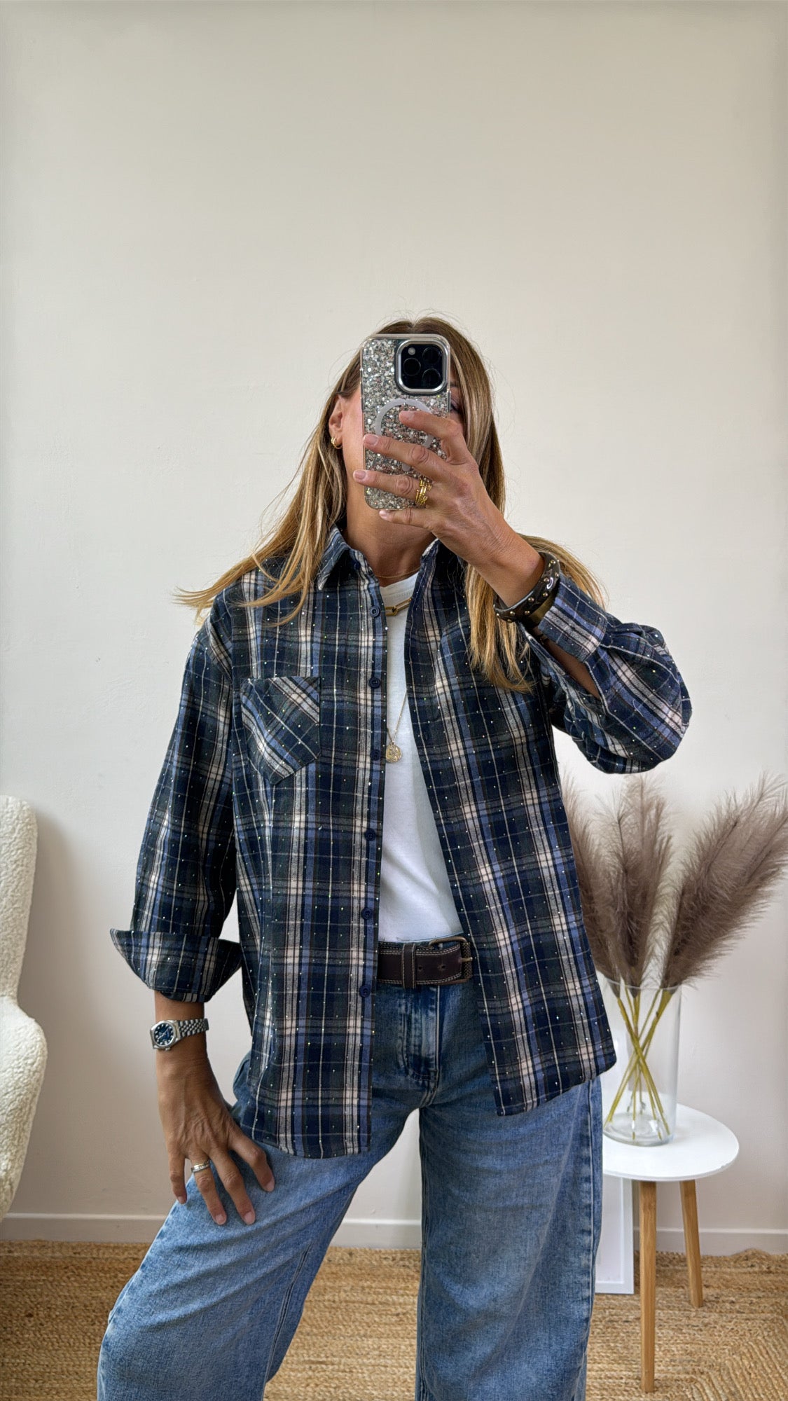 CAMICIA FLANELLA BLU CON CRISTALLI