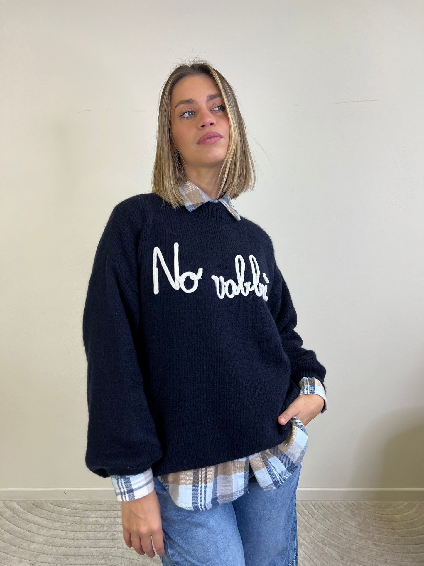 MAGLIONE NO VABBÈ BLU SCRITTA BIANCA