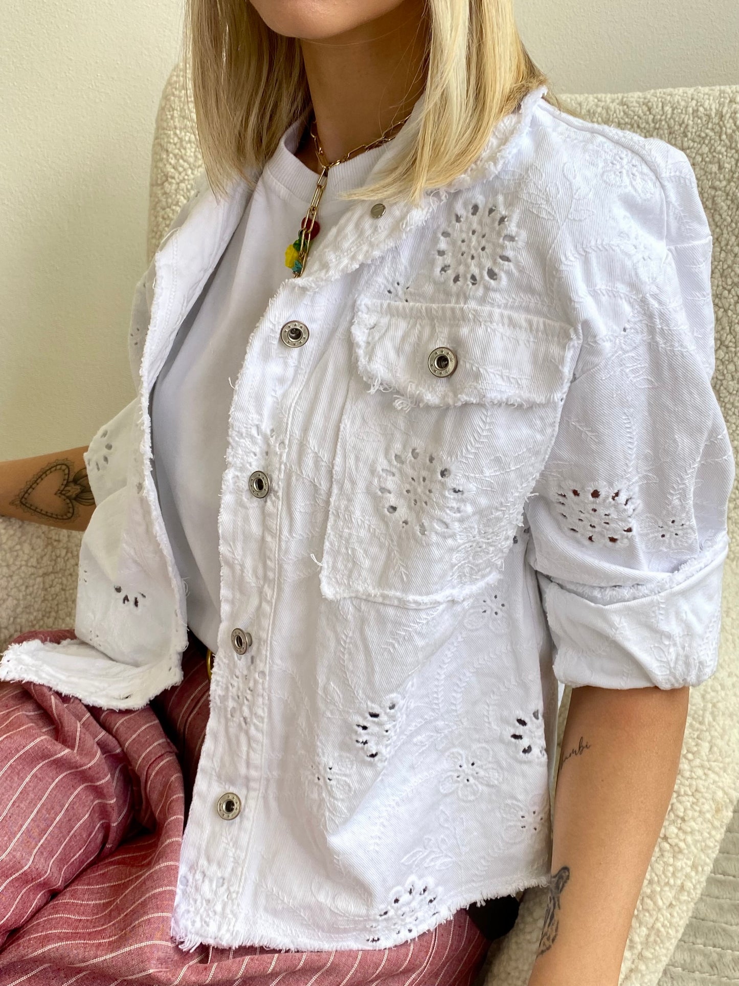 GIUBBINO DENIM RICAMO SANGALLO BIANCO