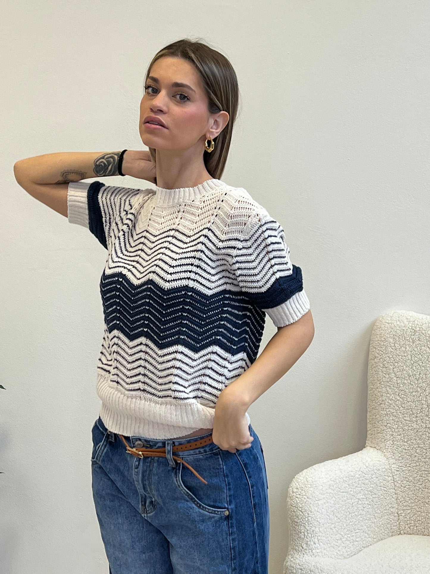 ONDA PULLOVER IN FILO PANNA E BLU