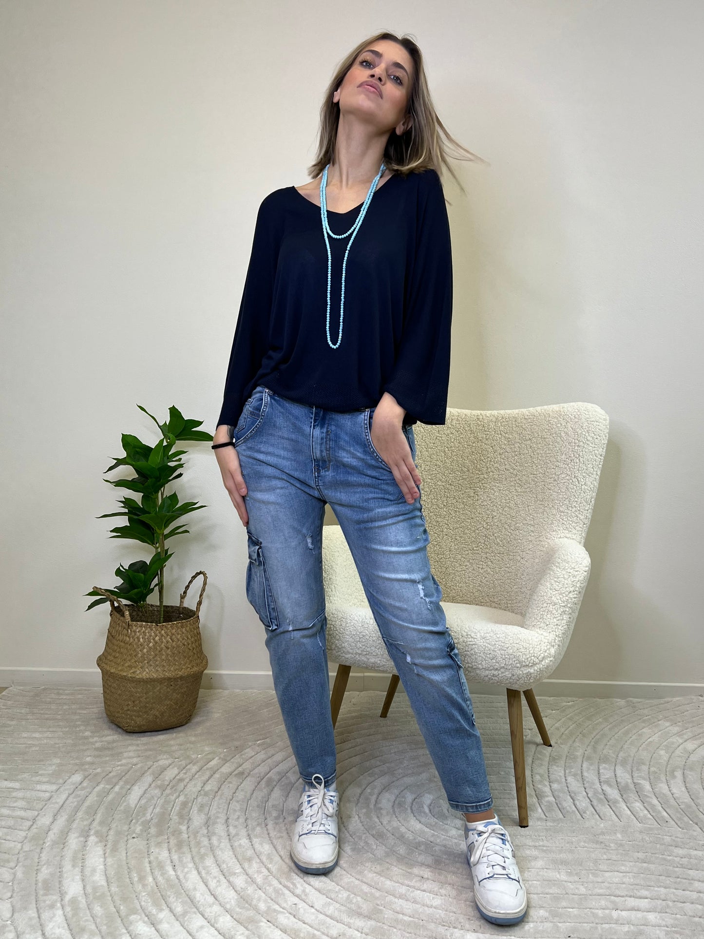 PULLOVER IN FILO BLU
