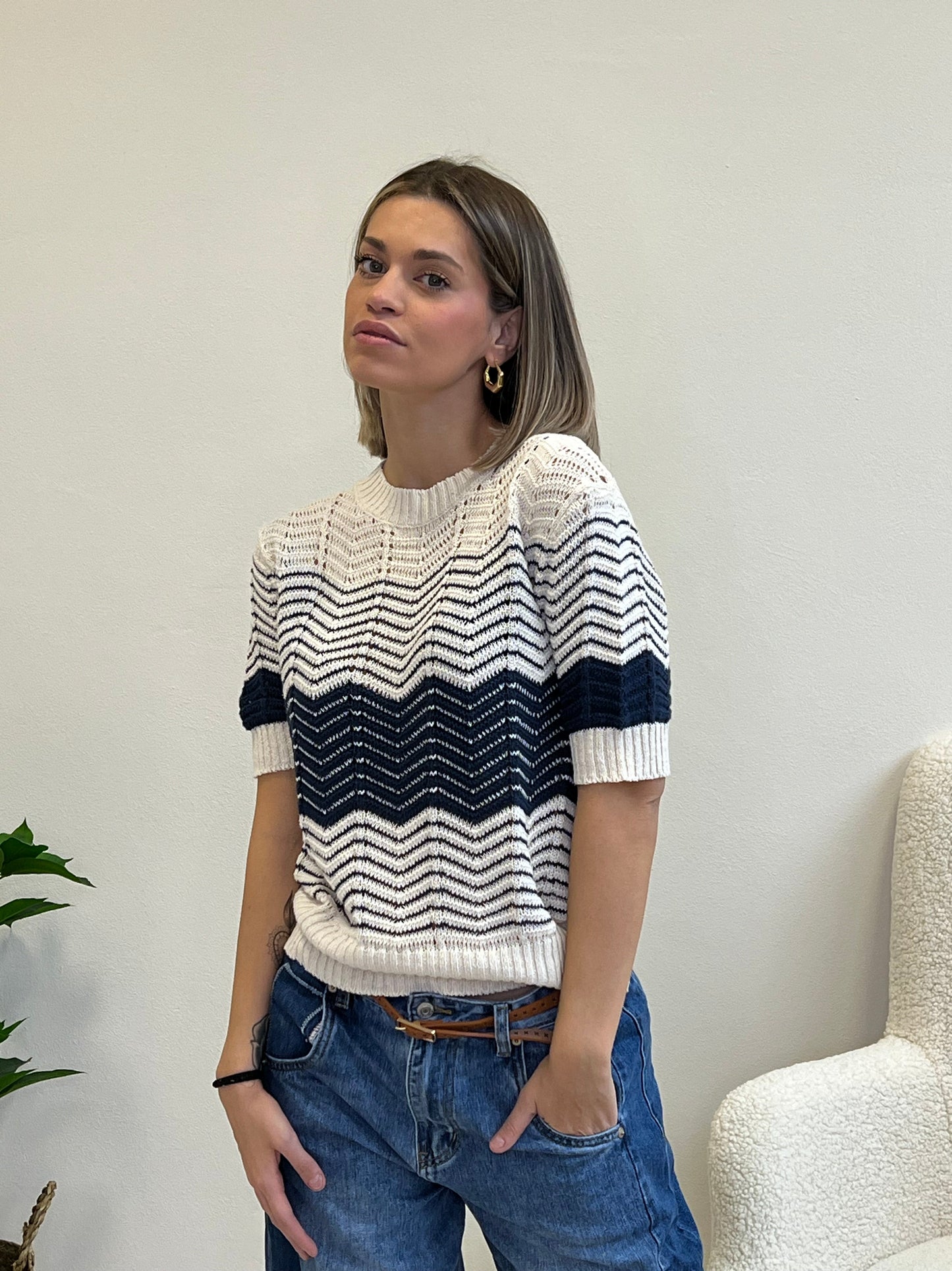 ONDA PULLOVER IN FILO PANNA E BLU