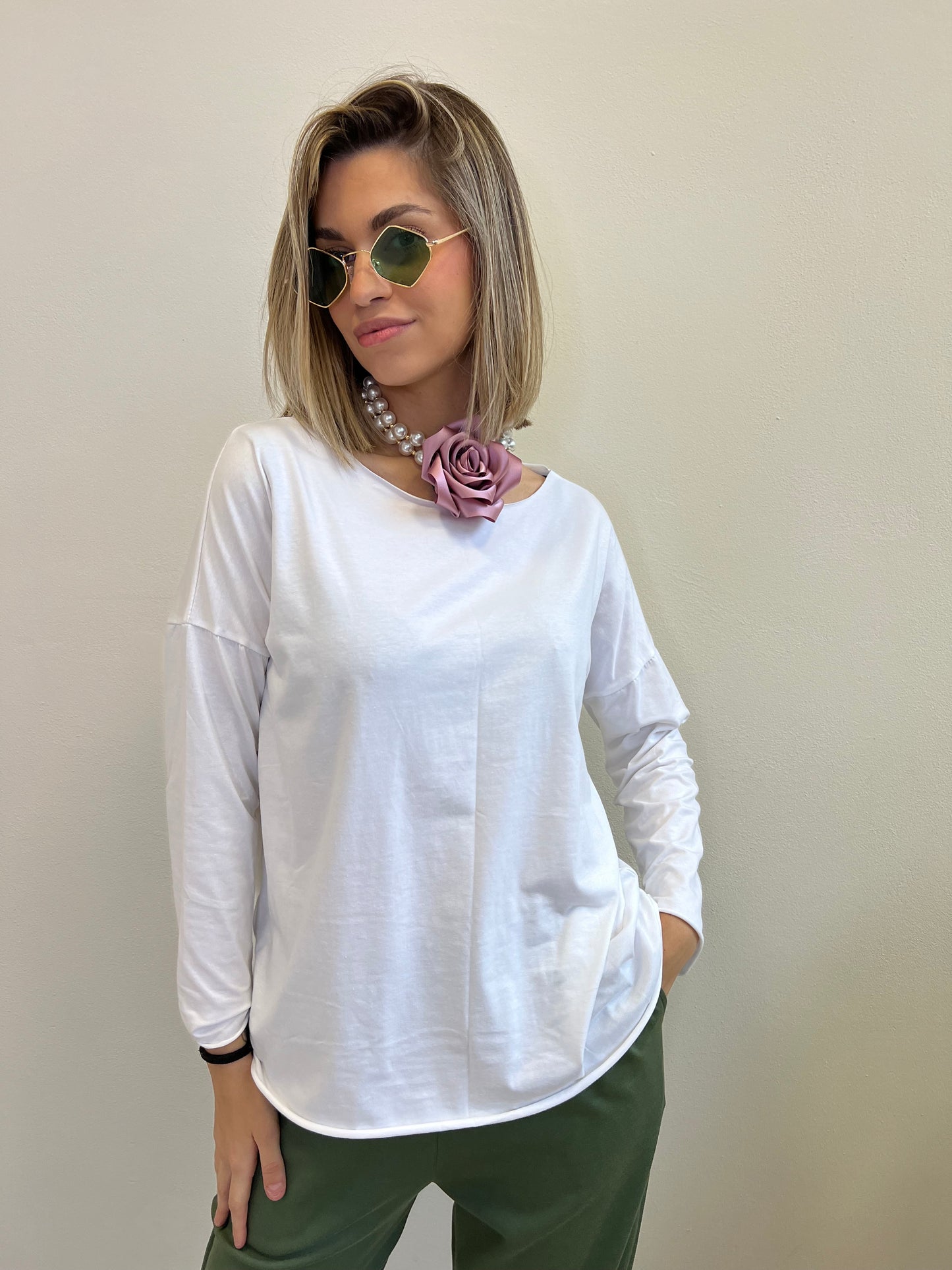 COLLANA 2 FILI PERLE CON ROSA SATIN MALVA