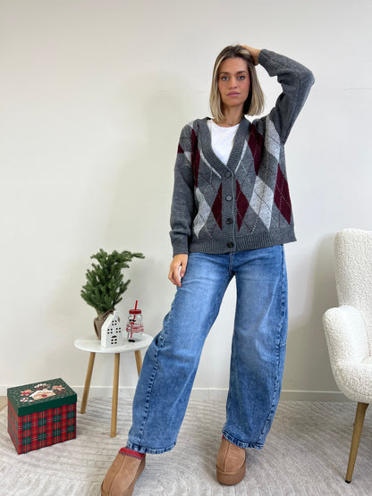 ELENA CARDIGAN ROMBI BORDEAUX GRIGIO