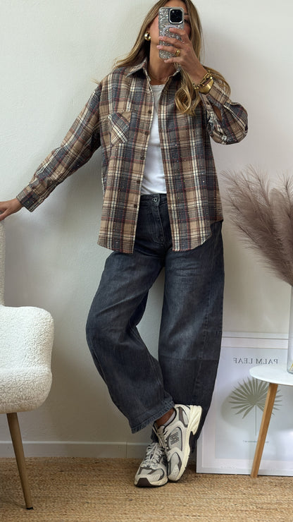 CAMICIA FLANELLA BEIGE CON CRISTALLI