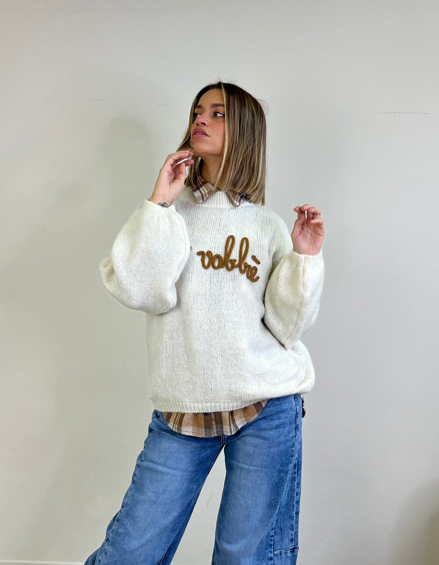 MAGLIONE NO VABBÈ panna scritta camel